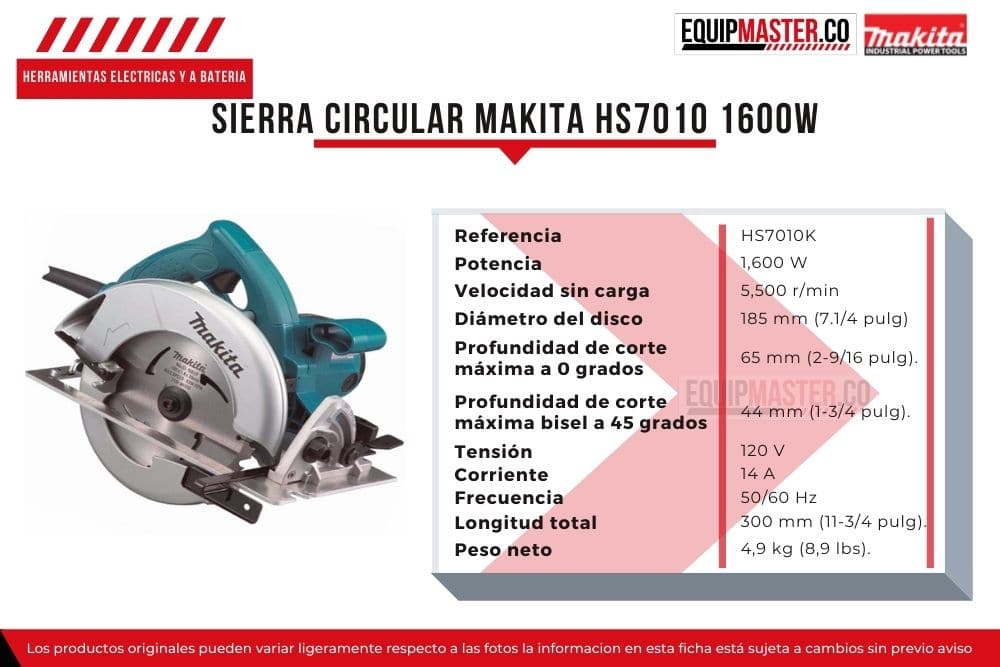 Sierra Circular Makita Hs7010 1600 W + Hoja De Sierra 185 Mm