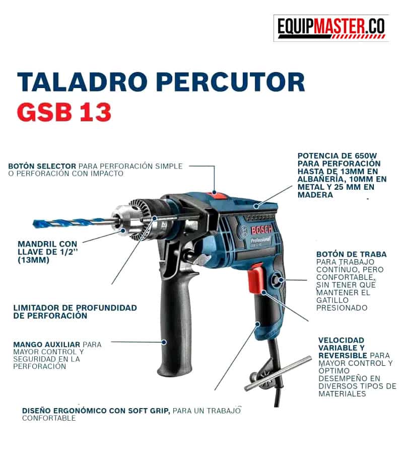 Taladro percutor BOSCH GSB 13 RE CPL 650w 1/2 - Equipmaster.co